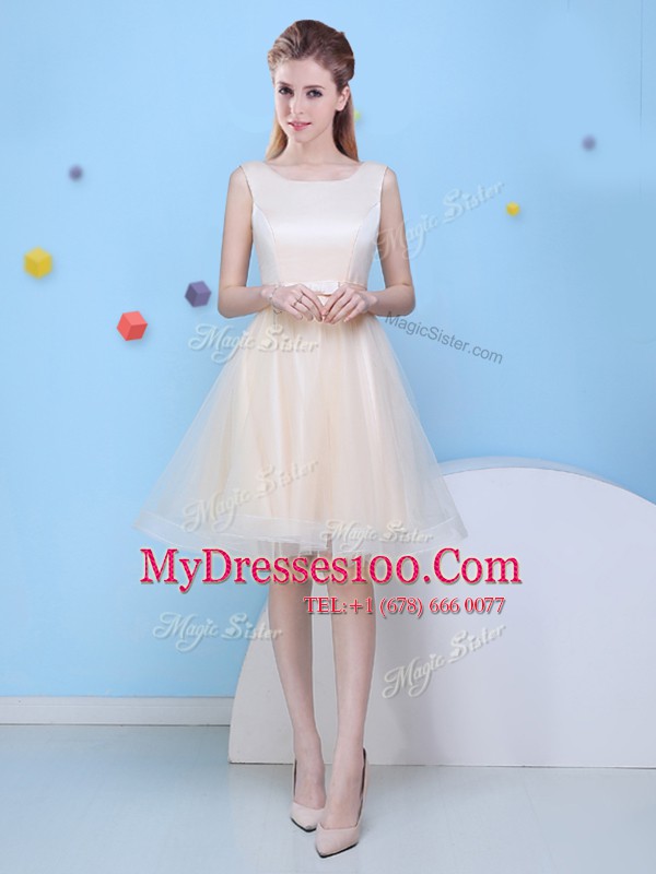 Custom Designed Champagne Tulle Lace Up Scoop Sleeveless Knee Length Wedding Guest Dresses Bowknot