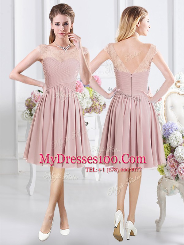 Scoop Pink Half Sleeves Knee Length Lace and Ruching Zipper Wedding Party Dress