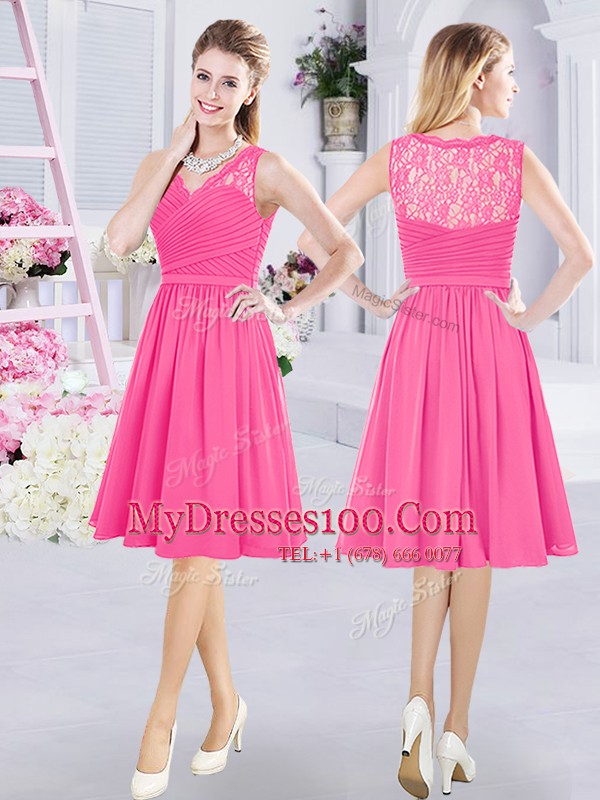 Sleeveless Chiffon Knee Length Side Zipper Damas Dress in Hot Pink with Lace and Ruching