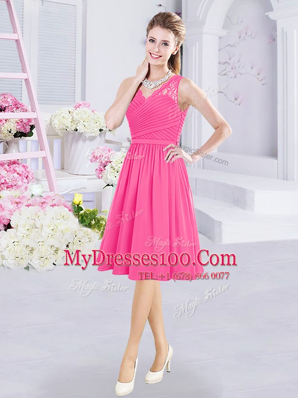 Sleeveless Chiffon Knee Length Side Zipper Damas Dress in Hot Pink with Lace and Ruching