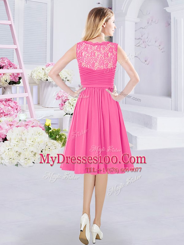 Sleeveless Chiffon Knee Length Side Zipper Damas Dress in Hot Pink with Lace and Ruching