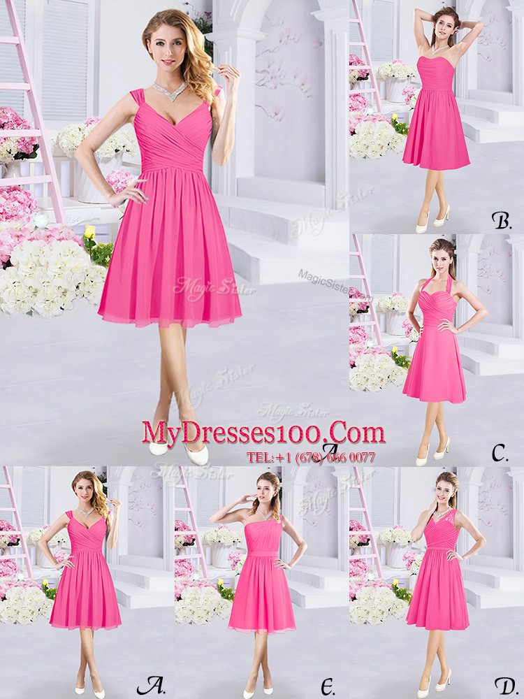 Sleeveless Chiffon Knee Length Side Zipper Damas Dress in Hot Pink with Lace and Ruching