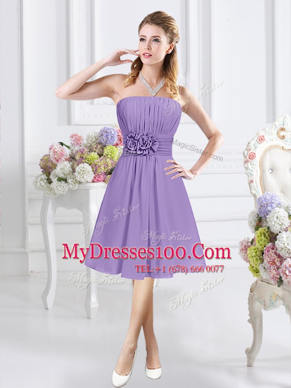 Lavender A-line Strapless Sleeveless Chiffon Knee Length Zipper Ruching and Hand Made Flower Bridesmaid Gown