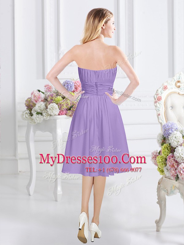 Lavender A-line Strapless Sleeveless Chiffon Knee Length Zipper Ruching and Hand Made Flower Bridesmaid Gown