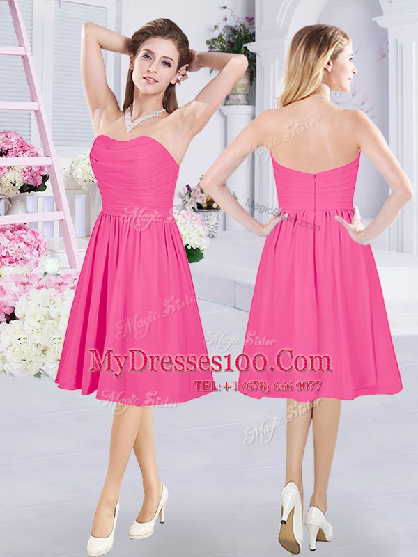 Hot Pink Chiffon Zipper Straps Sleeveless Knee Length Wedding Guest Dresses Lace and Ruching and Belt