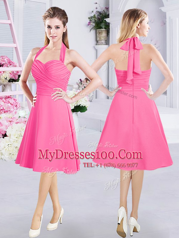 Hot Pink Chiffon Zipper Straps Sleeveless Knee Length Wedding Guest Dresses Lace and Ruching and Belt