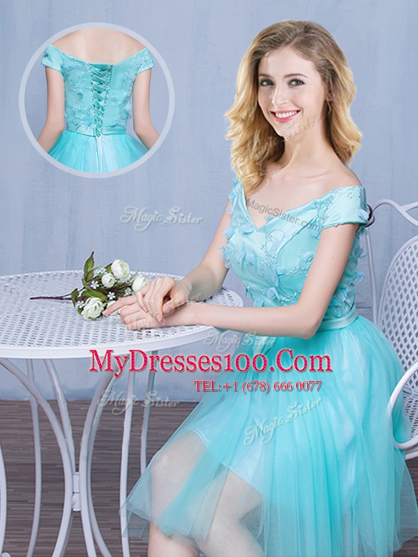 Adorable Off The Shoulder Cap Sleeves Tulle Court Dresses for Sweet 16 Lace and Appliques and Bowknot Lace Up