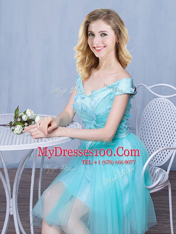 Adorable Off The Shoulder Cap Sleeves Tulle Court Dresses for Sweet 16 Lace and Appliques and Bowknot Lace Up