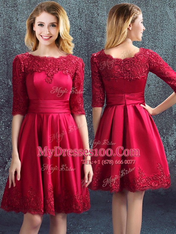 Modest Wine Red Bateau Zipper Lace Quinceanera Dama Dress Half Sleeves