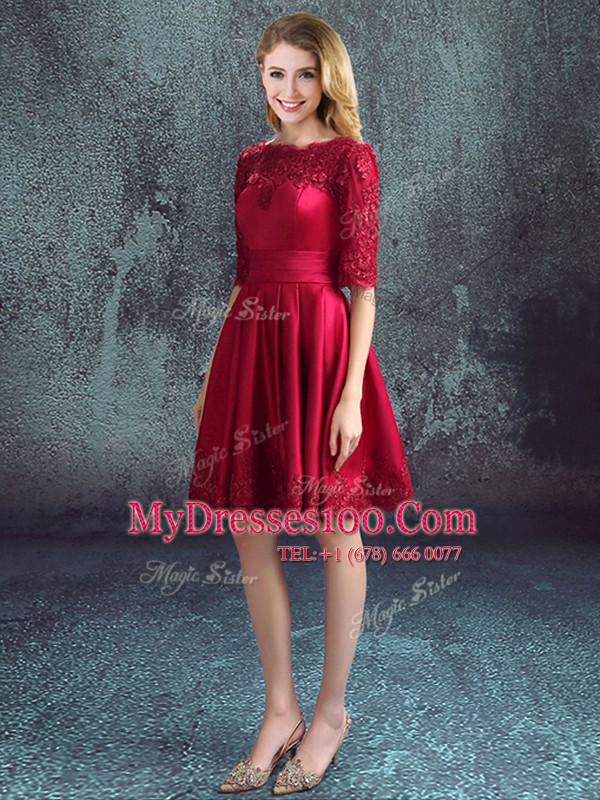 Modest Wine Red Bateau Zipper Lace Quinceanera Dama Dress Half Sleeves