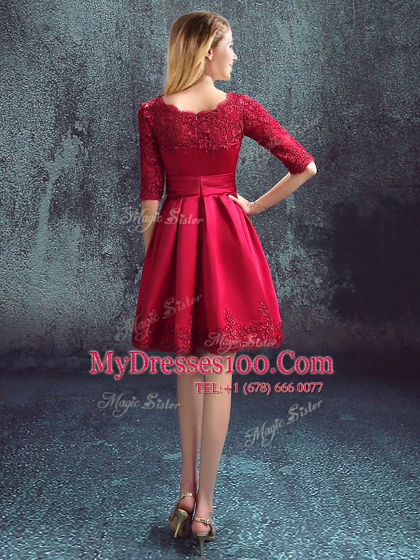 Modest Wine Red Bateau Zipper Lace Quinceanera Dama Dress Half Sleeves