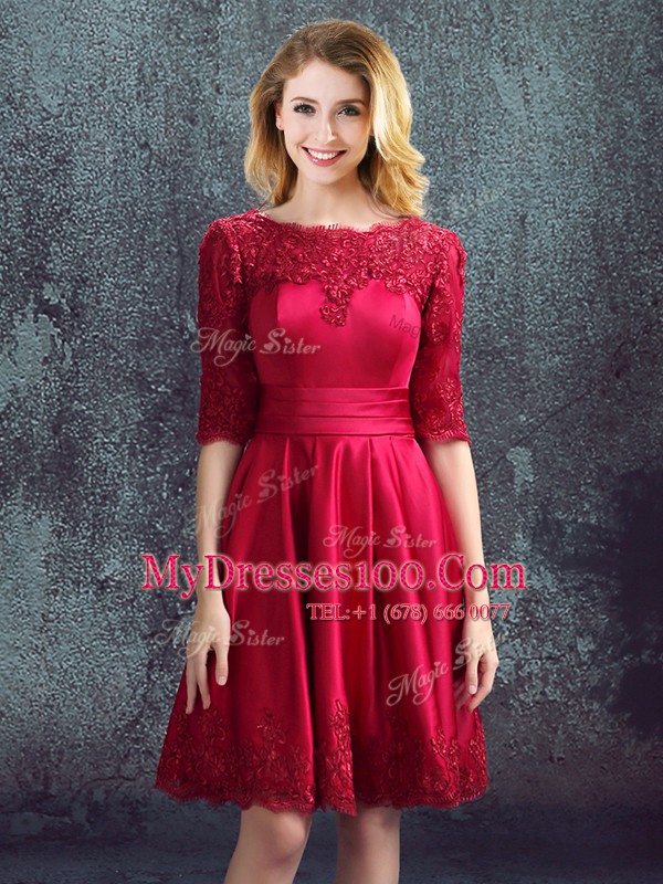 Modest Wine Red Bateau Zipper Lace Quinceanera Dama Dress Half Sleeves