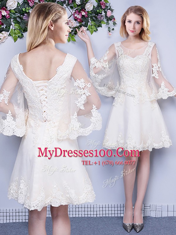 Wonderful Scoop Knee Length White Quinceanera Dama Dress Tulle 3 4 Length Sleeve Lace
