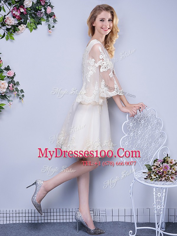 Wonderful Scoop Knee Length White Quinceanera Dama Dress Tulle 3 4 Length Sleeve Lace