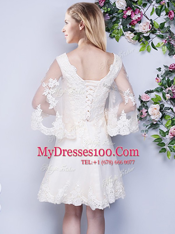 Wonderful Scoop Knee Length White Quinceanera Dama Dress Tulle 3 4 Length Sleeve Lace