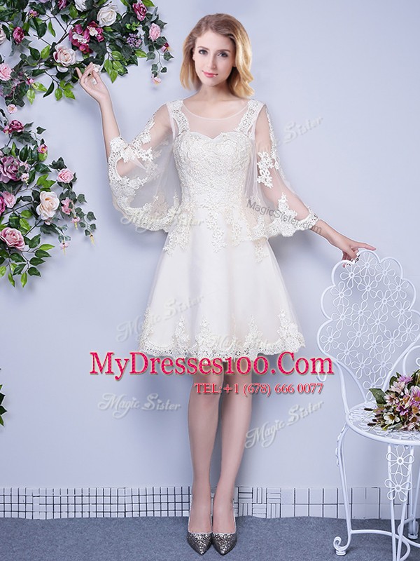Wonderful Scoop Knee Length White Quinceanera Dama Dress Tulle 3 4 Length Sleeve Lace
