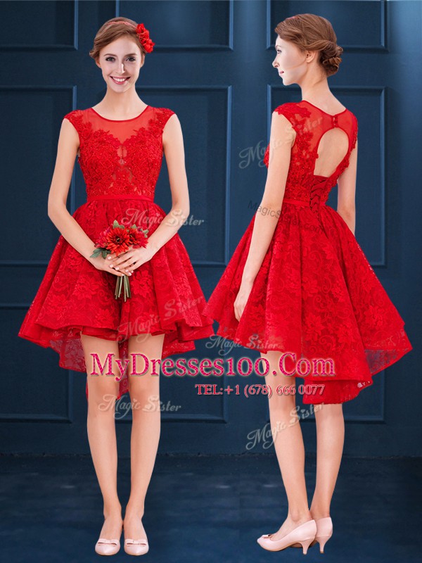 Superior A-line Dama Dress for Quinceanera Red Scoop Lace Sleeveless High Low Lace Up