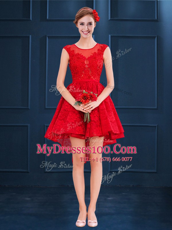 Superior A-line Dama Dress for Quinceanera Red Scoop Lace Sleeveless High Low Lace Up