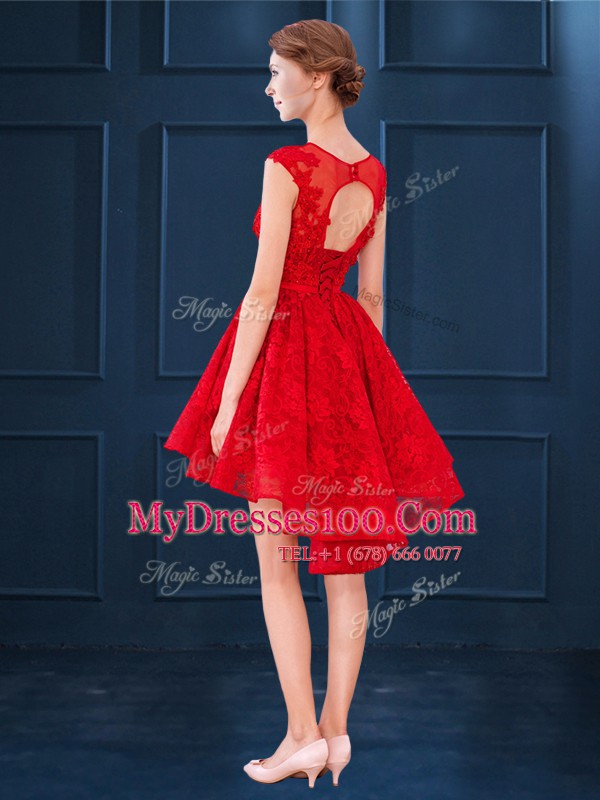 Superior A-line Dama Dress for Quinceanera Red Scoop Lace Sleeveless High Low Lace Up