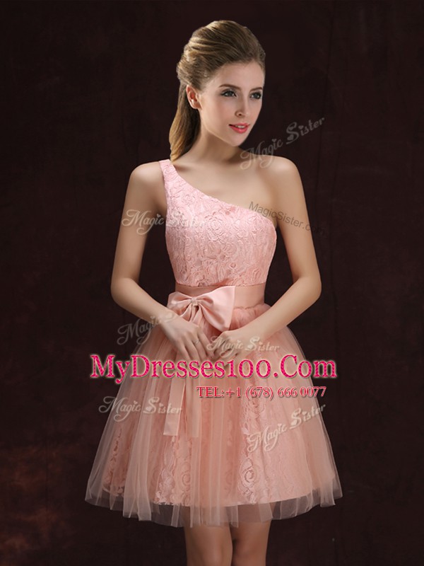 One Shoulder Sleeveless Tulle and Lace Mini Length Lace Up Dama Dress in Peach with Lace and Bowknot