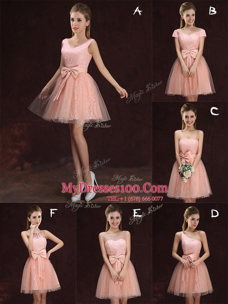 One Shoulder Sleeveless Tulle and Lace Mini Length Lace Up Dama Dress in Peach with Lace and Bowknot
