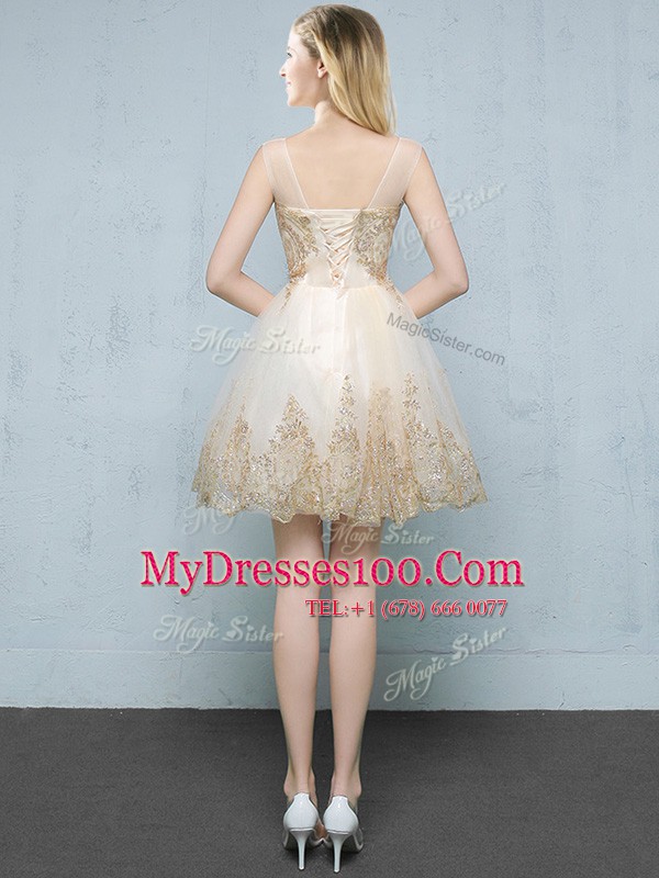 Fantastic Scoop Sleeveless Mini Length Appliques Lace Up Quinceanera Dama Dress with Champagne