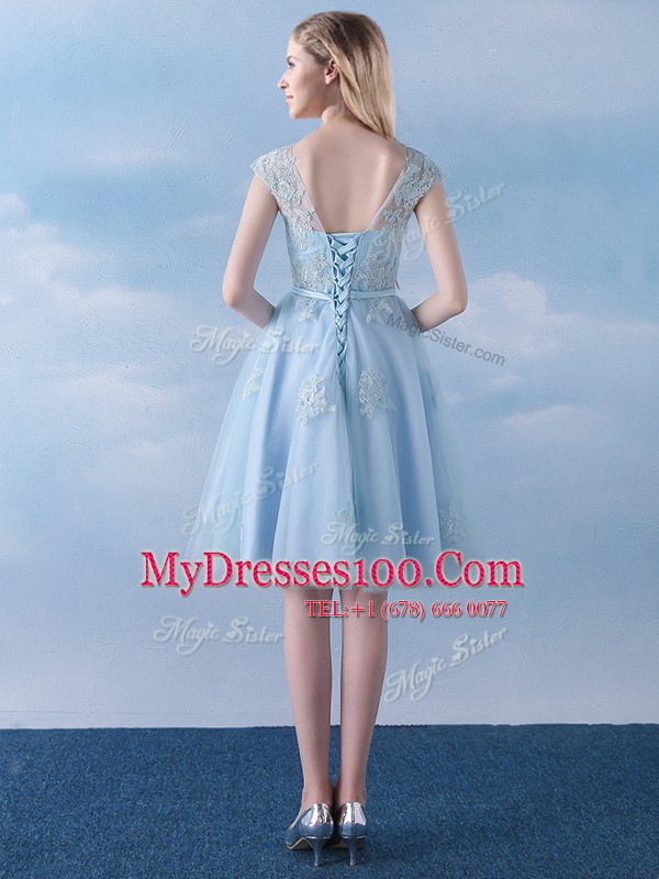 Trendy Scoop Cap Sleeves Tulle Knee Length Lace Up Quinceanera Court Dresses in Light Blue with Appliques and Belt