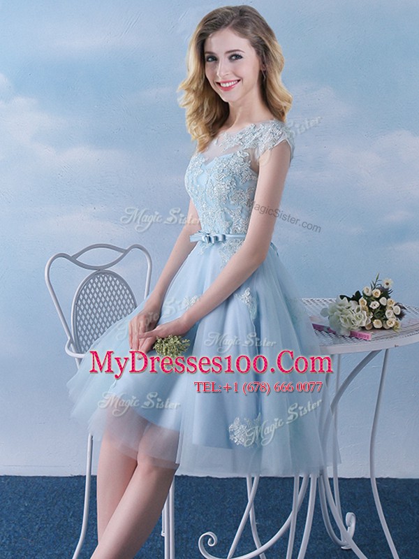 Trendy Scoop Cap Sleeves Tulle Knee Length Lace Up Quinceanera Court Dresses in Light Blue with Appliques and Belt