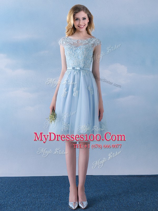 Trendy Scoop Cap Sleeves Tulle Knee Length Lace Up Quinceanera Court Dresses in Light Blue with Appliques and Belt