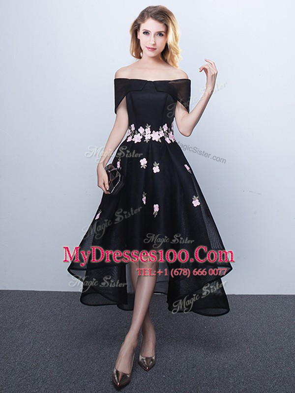 High Low Black and Red and Grey Bridesmaid Dress Off The Shoulder Sleeveless Lace Up