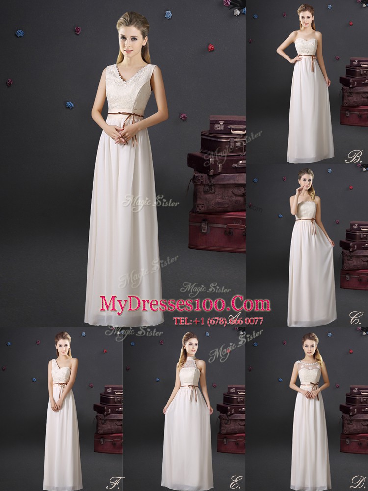 Luxurious Scoop See Through White Lace Up Bridesmaid Gown Lace and Appliques and Belt Sleeveless Floor Length