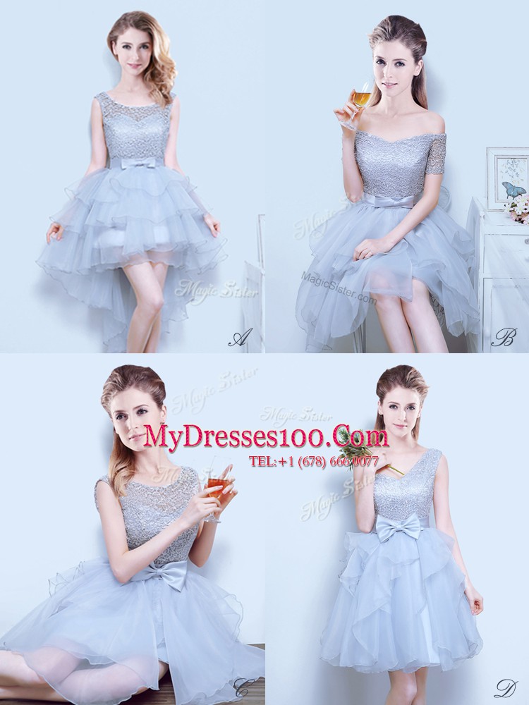 Sweet Grey Bridesmaids Dress Prom and Party and Wedding Party and For with Lace and Ruffles and Bowknot One Shoulder Sleeveless Lace Up