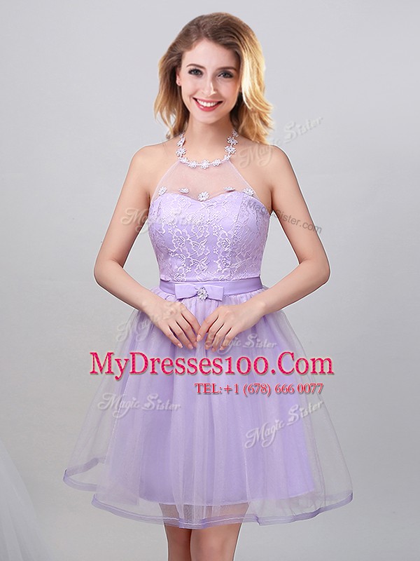 Sophisticated Halter Top Tulle Sleeveless Mini Length Quinceanera Dama Dress and Lace and Appliques and Belt