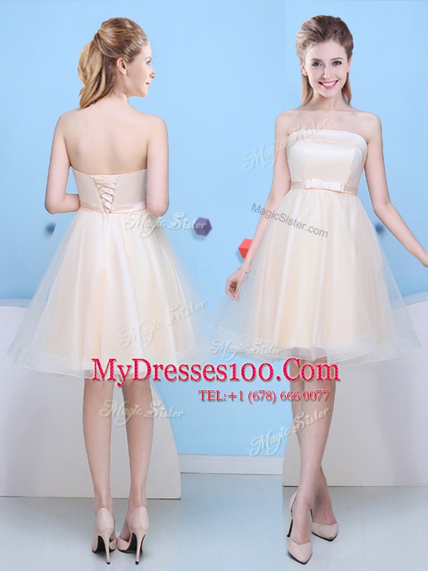 Ideal Champagne Sleeveless Knee Length Bowknot Lace Up Dama Dress for Quinceanera