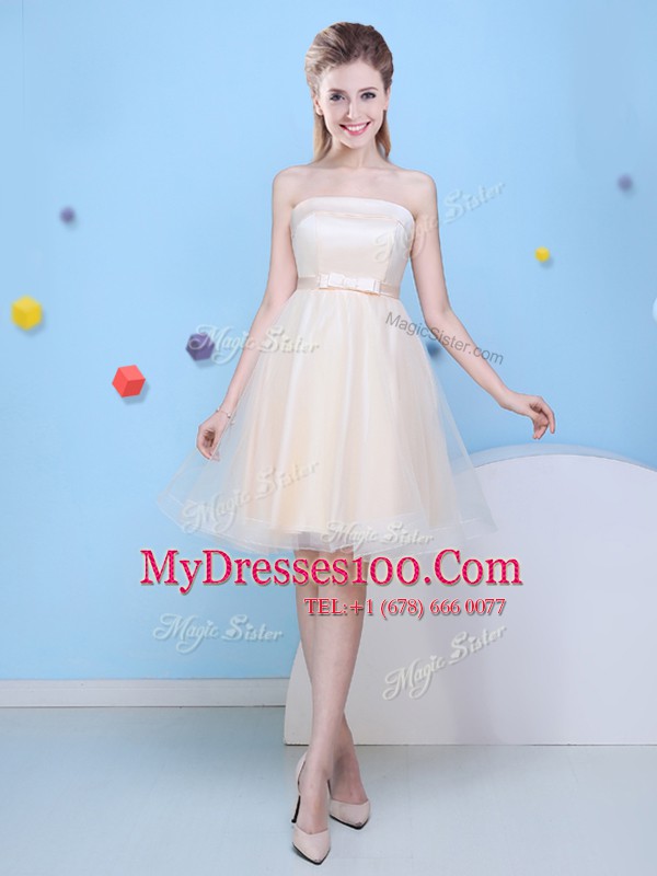 Ideal Champagne Sleeveless Knee Length Bowknot Lace Up Dama Dress for Quinceanera