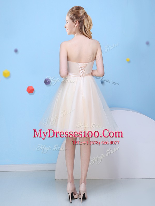 Ideal Champagne Sleeveless Knee Length Bowknot Lace Up Dama Dress for Quinceanera