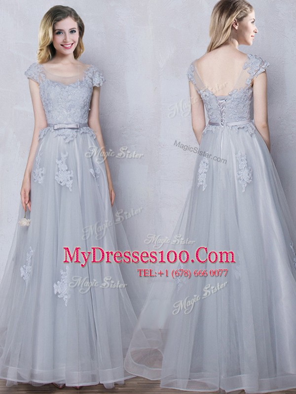 Comfortable Grey Tulle Lace Up Scoop Cap Sleeves Floor Length Quinceanera Dama Dress Lace and Appliques and Belt