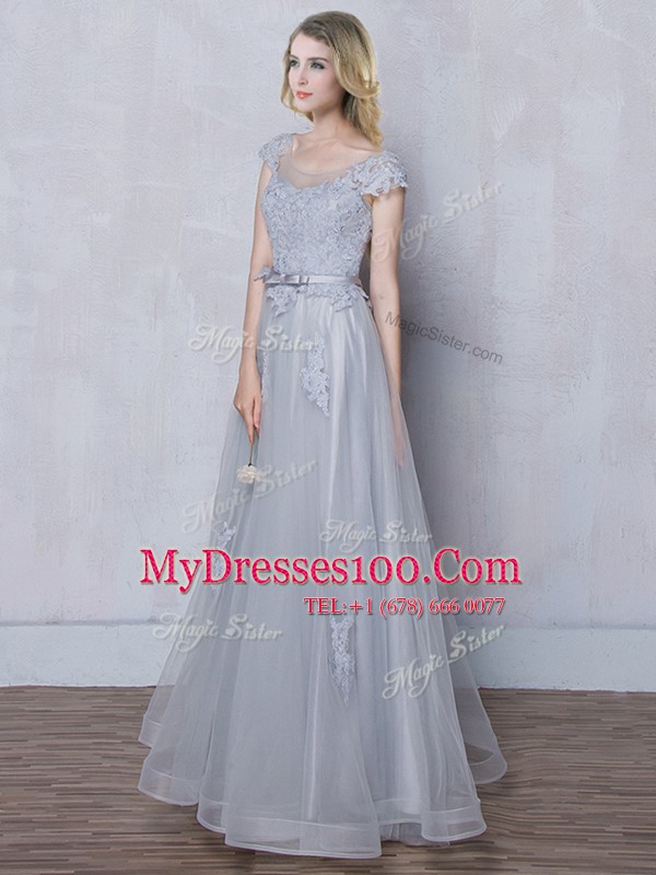 Comfortable Grey Tulle Lace Up Scoop Cap Sleeves Floor Length Quinceanera Dama Dress Lace and Appliques and Belt