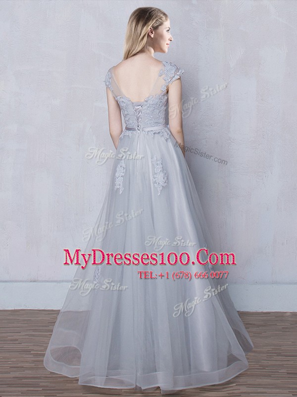 Comfortable Grey Tulle Lace Up Scoop Cap Sleeves Floor Length Quinceanera Dama Dress Lace and Appliques and Belt