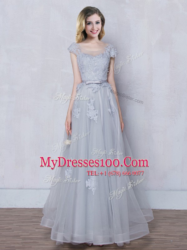 Comfortable Grey Tulle Lace Up Scoop Cap Sleeves Floor Length Quinceanera Dama Dress Lace and Appliques and Belt