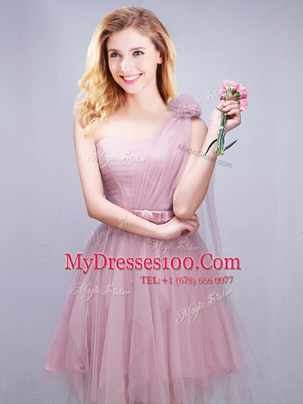 One Shoulder Pink Sleeveless Mini Length Ruching and Bowknot and Hand Made Flower Lace Up Bridesmaids Dress