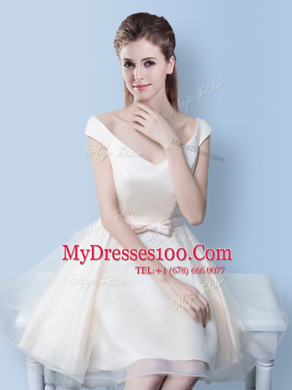 A-line Bridesmaid Dress White V-neck Tulle Cap Sleeves Knee Length Lace Up