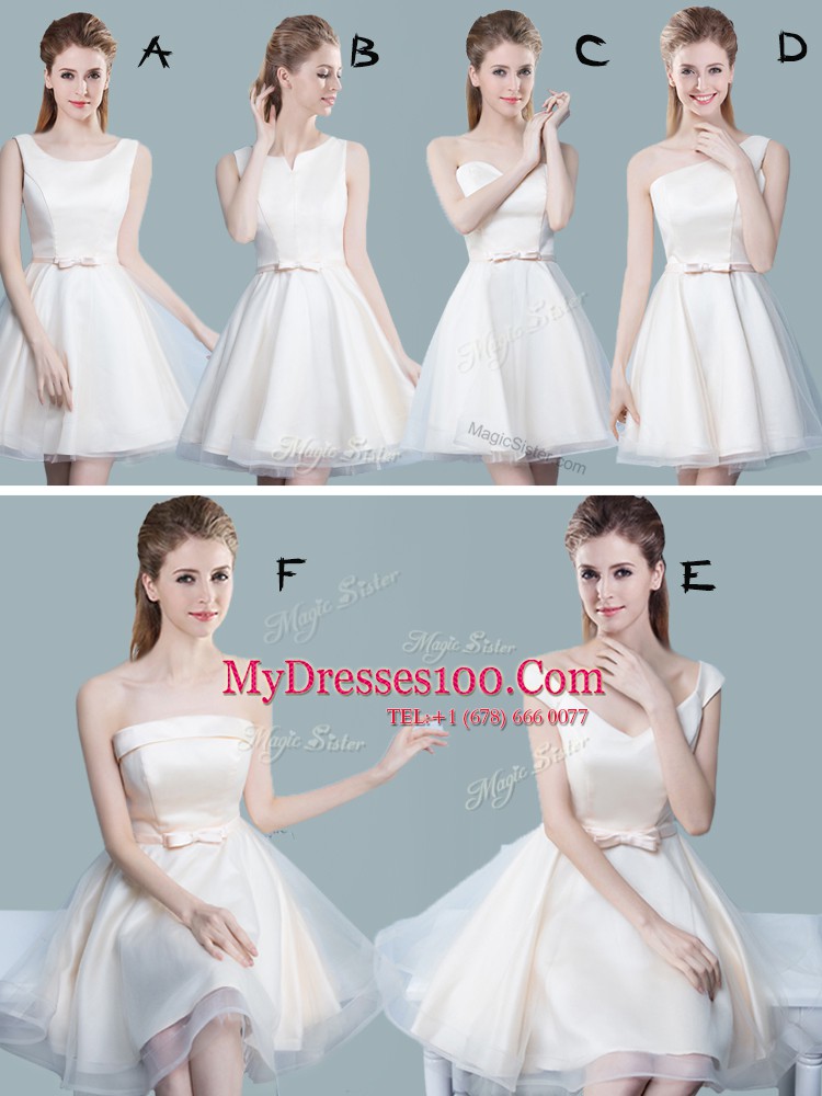A-line Bridesmaid Dress White V-neck Tulle Cap Sleeves Knee Length Lace Up
