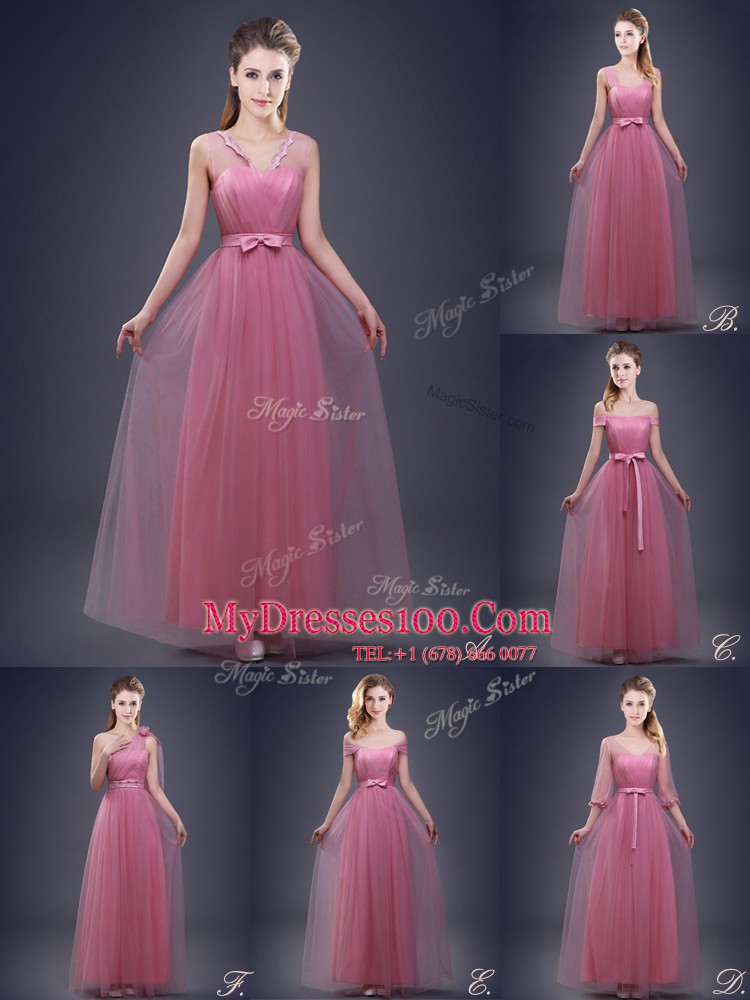 Shining Half Sleeves Tulle Floor Length Lace Up Bridesmaid Gown in Pink with Ruching and Bowknot