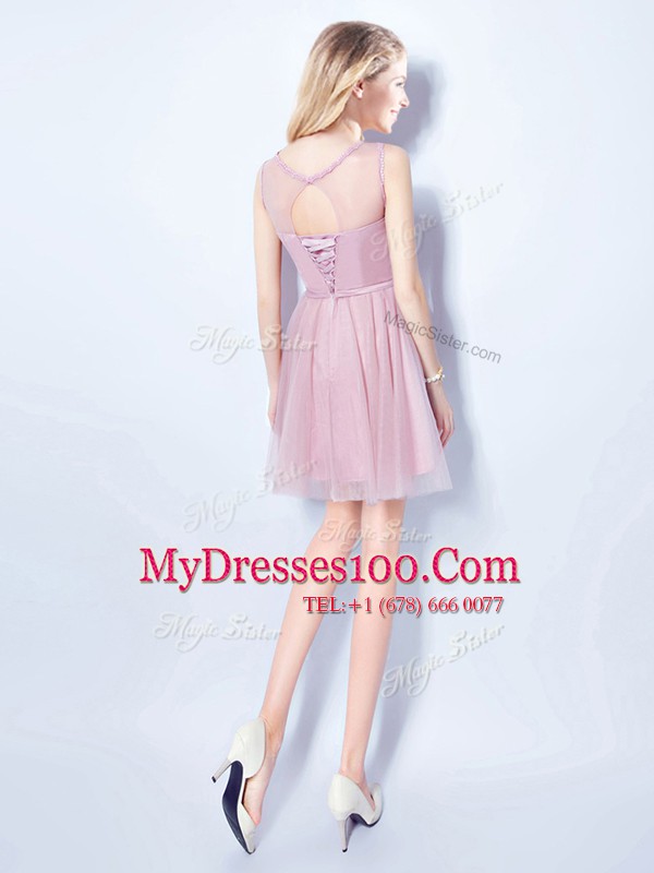 Fitting Scoop Pink Sleeveless Tulle Lace Up Dama Dress for Prom and Party and Wedding Party