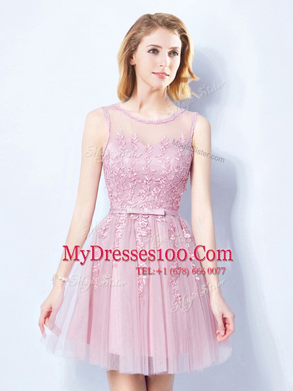 Fitting Scoop Pink Sleeveless Tulle Lace Up Dama Dress for Prom and Party and Wedding Party