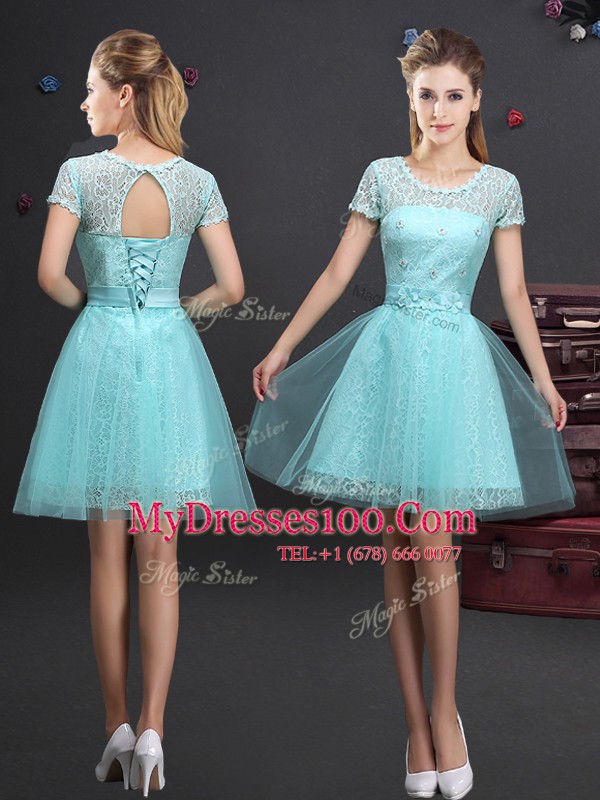 Pretty A-line Wedding Guest Dresses Aqua Blue Scoop Tulle Short Sleeves Mini Length Lace Up