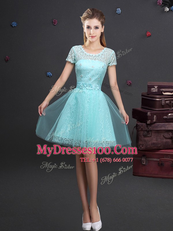 Pretty A-line Wedding Guest Dresses Aqua Blue Scoop Tulle Short Sleeves Mini Length Lace Up