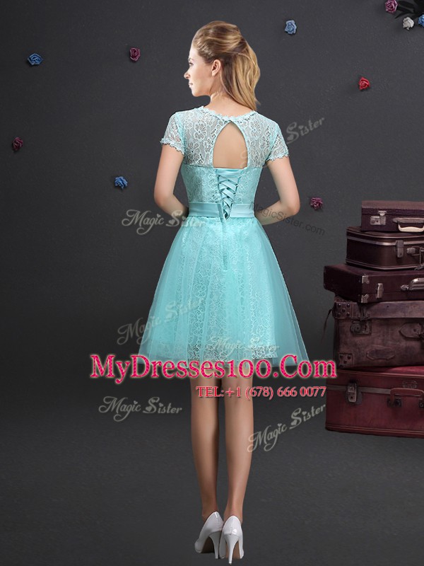 Pretty A-line Wedding Guest Dresses Aqua Blue Scoop Tulle Short Sleeves Mini Length Lace Up
