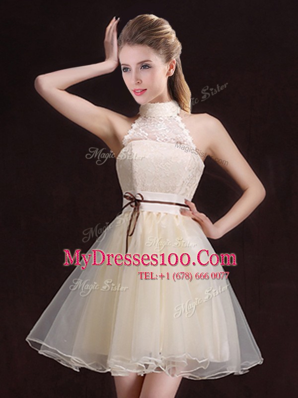 Halter Top Champagne Sleeveless Lace and Belt Mini Length Bridesmaid Dresses
